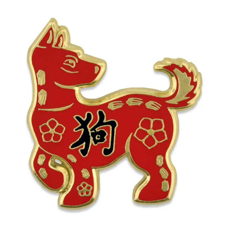 Red and gold Dog Zodiac pin with Chinese characters on a white background