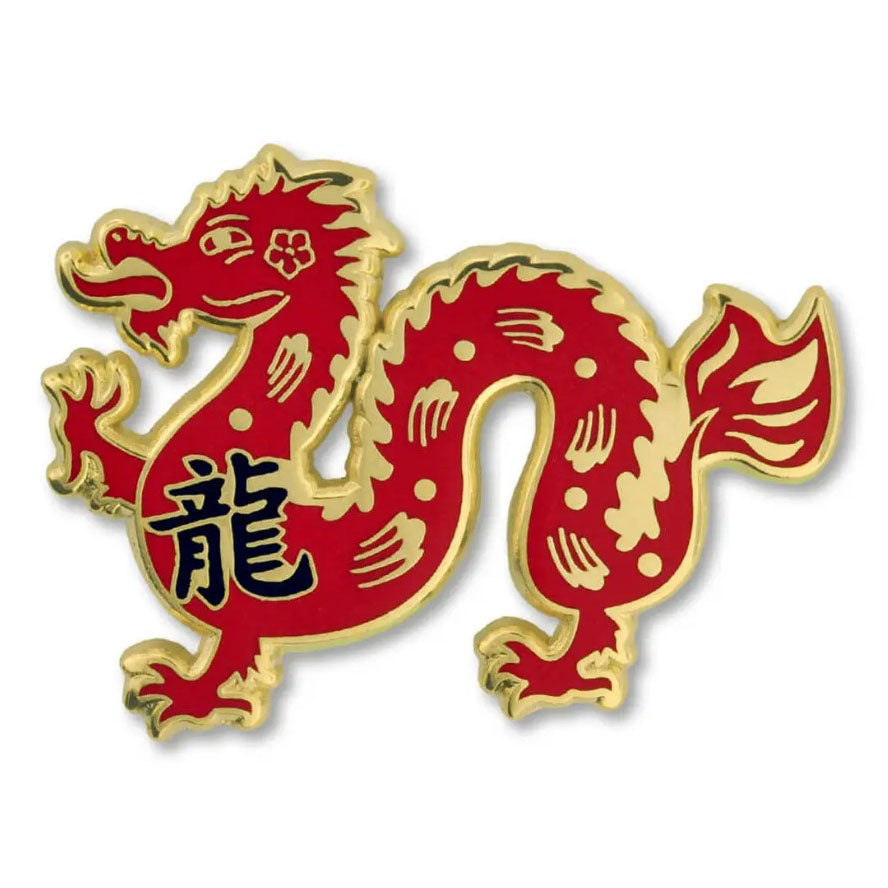 Red and gold Dragon Zodiac pin with Chinese characters on a white background