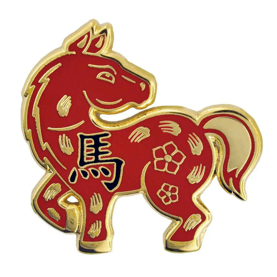 Red and gold Horse Zodiac pin with Chinese characters on a white background