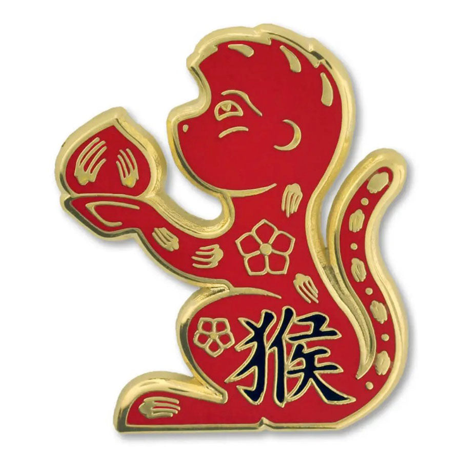 Red and gold Monkey Zodiac pin with Chinese characters on a white background
