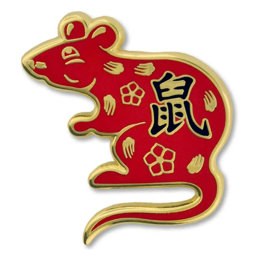 Red and gold rat Zodiac pin with Chinese characters on a white background