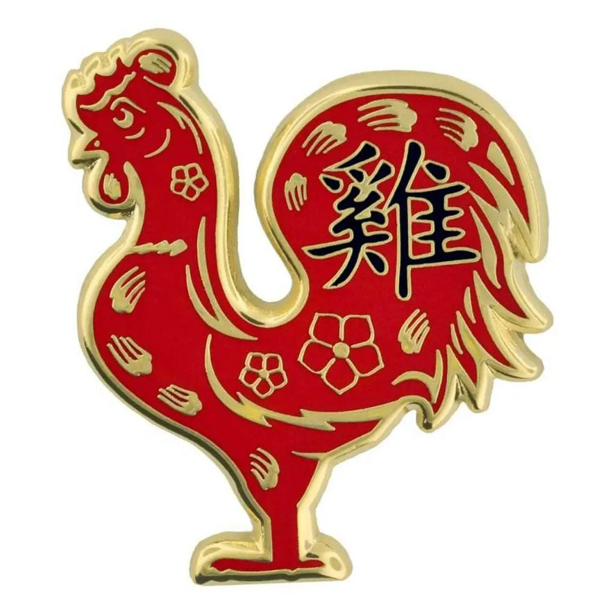 Red and gold Rooster Zodiac pin with Chinese characters on a white background
