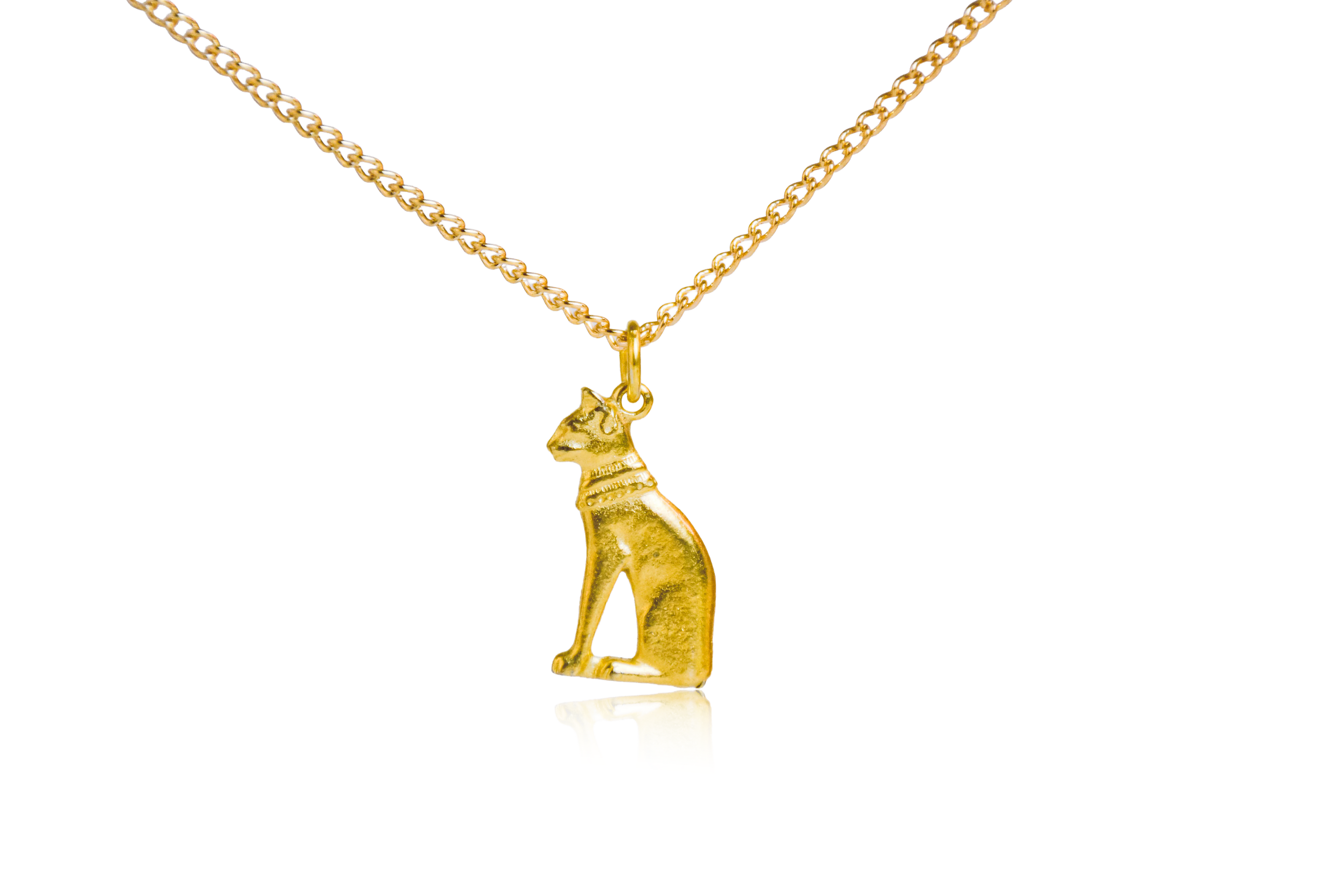Gold cat-shaped pendant on a chain against a white background