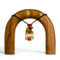 Horus depicted as a gold and black falcon adorned with red headwear, with black, red, and green details. Gold loops attach one green and one red bead decorations on either side, and Egyptian-style gold lotus ornament in the center with beautiful detailing.