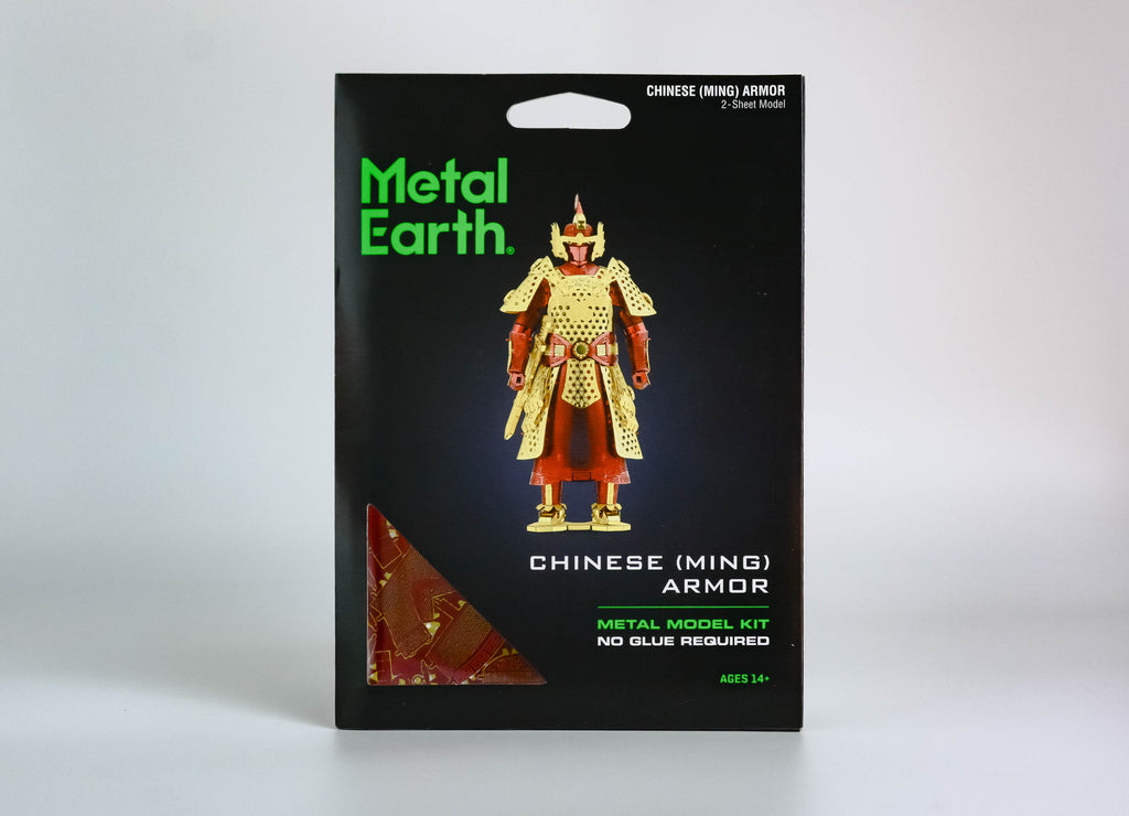 Black activity kit with green text "metal earth," red and gold Ming Chinese Armor in center. On white background. 