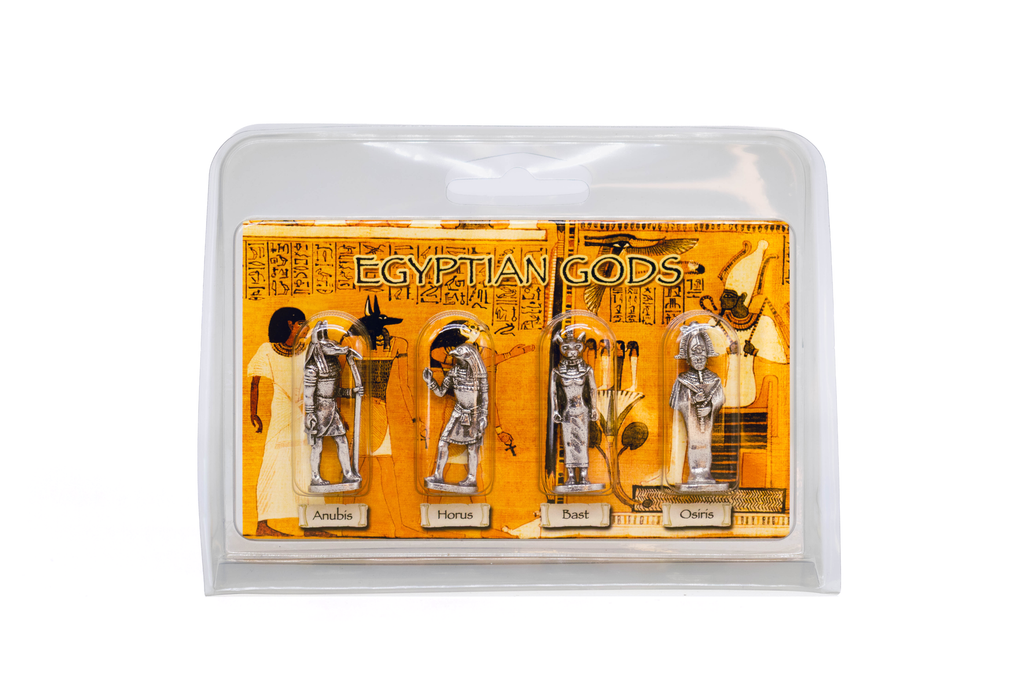 Four Egyptian god figurines: Anubis, Horus, Bast, and Osiris in plastic packaging with background of Hieroglyphs and traditional Egyptian drawing depictions of each god. 
