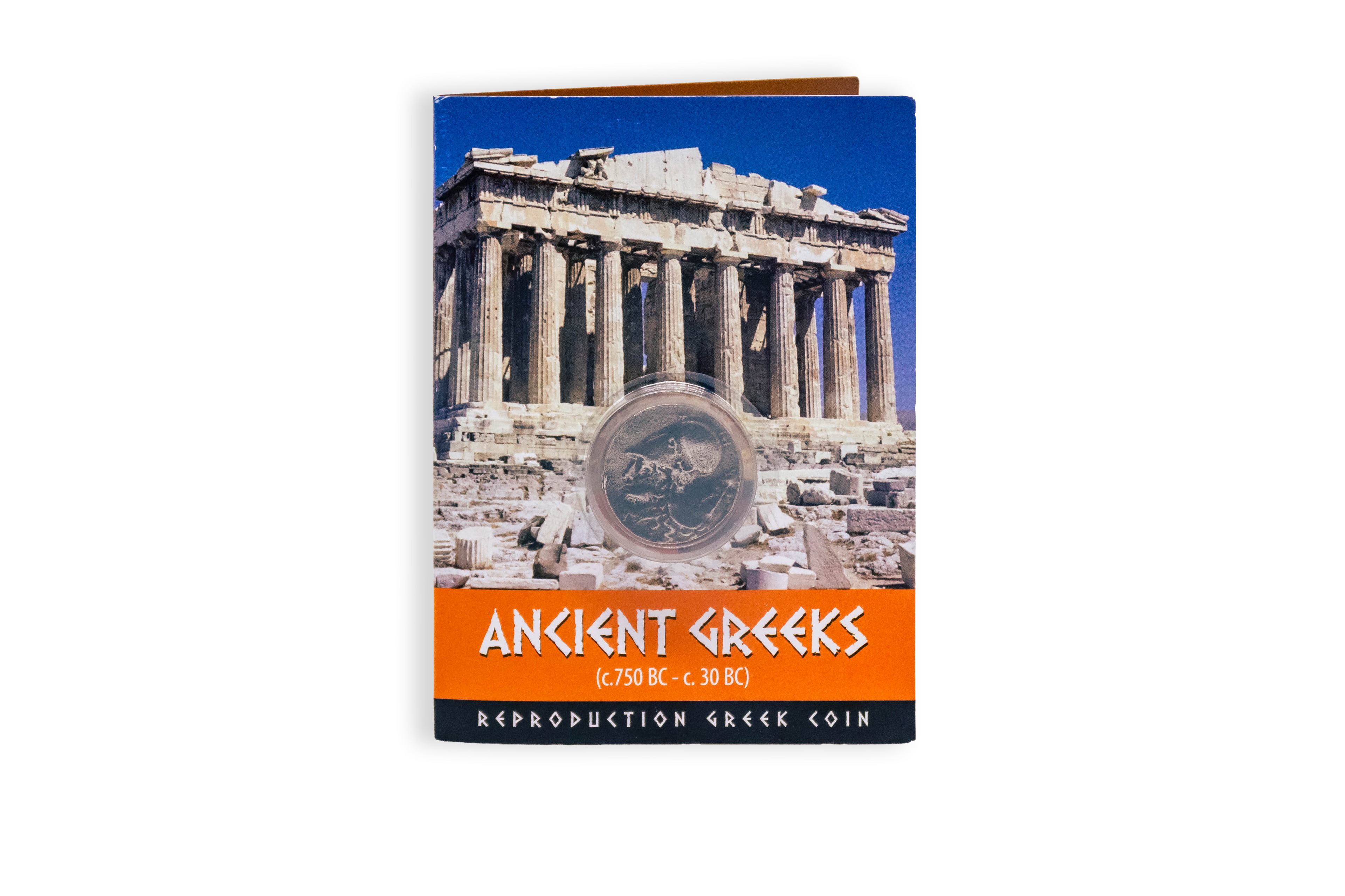 Silver greek coin in plastic case with info card that has the pantheon in the background. On white background.