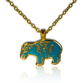 Turquoise and gold Egyptian-style enamel hippo pendant on gold chain on white background.