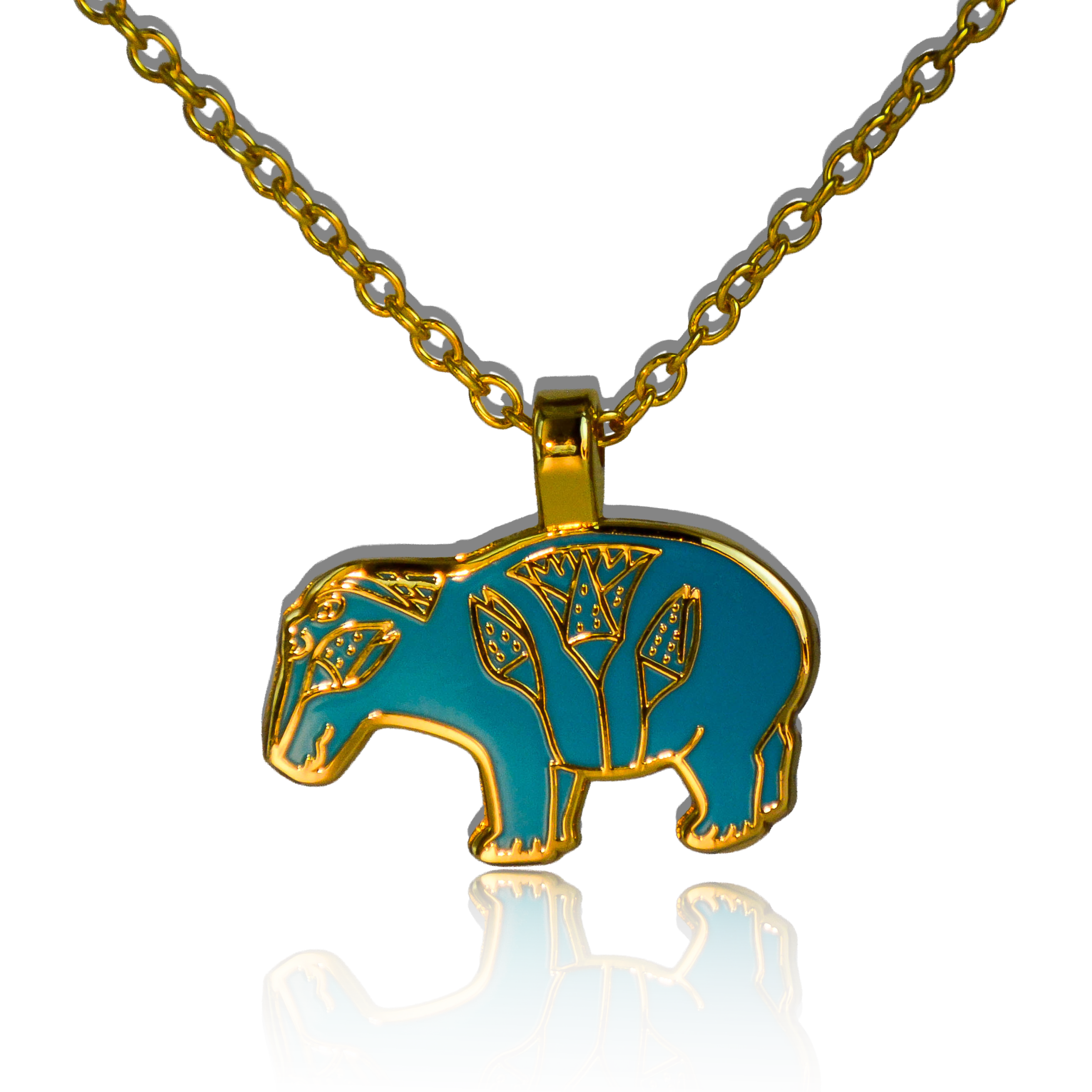 Turquoise and gold Egyptian-style enamel hippo pendant on gold chain on white background.