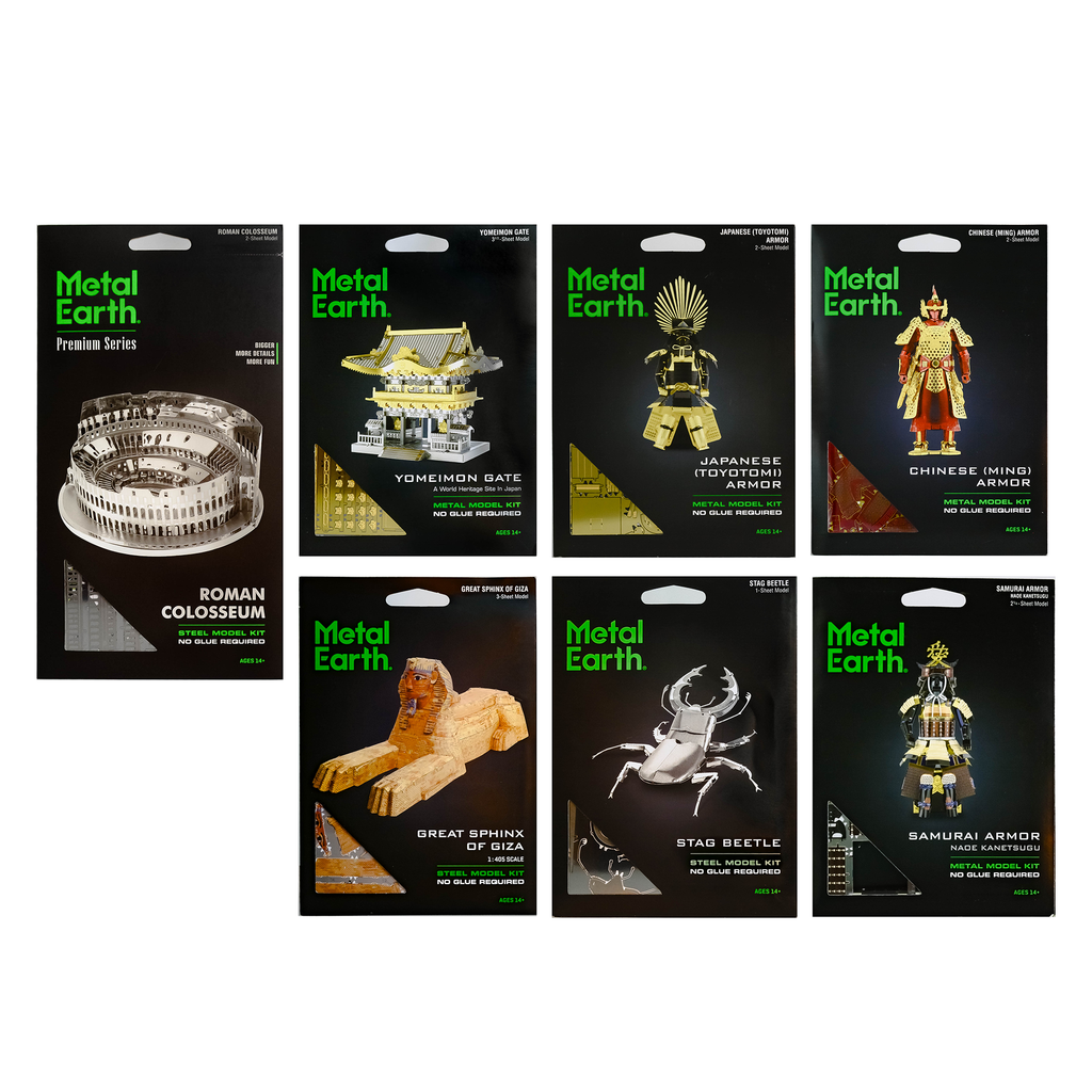Seven black flat-layed kits with green text "Metal Earth," each with different image on front: silver metal Roman Colosseum, silver and gold metal Yometomei Gate, black and gold Toyotomi armor, red and gold Ming armor, brown-red colored Great Sphinx of Giza, silver stag beetle, and black, gold, and silver Samurai armor. 