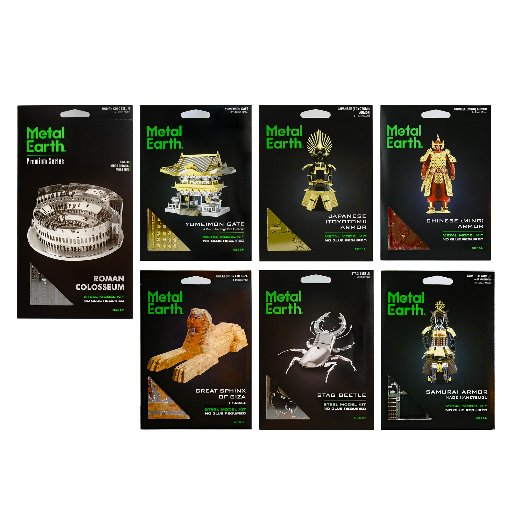 Seven black flat-layed kits with green text "Metal Earth," each with different image on front: silver metal Roman Colosseum, silver and gold metal Yometomei Gate, black and gold Toyotomi armor, red and gold Ming armor, brown-red colored Great Sphinx of Giza, silver stag beetle, and black, gold, and silver Samurai armor. 
