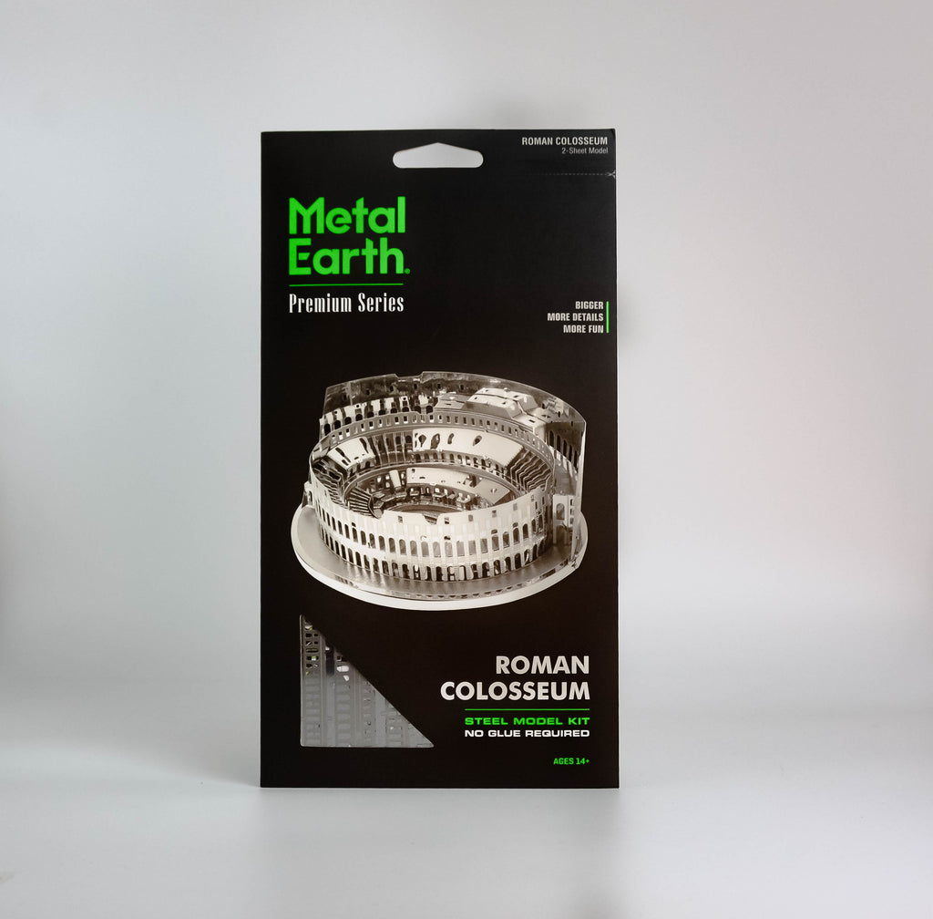 Black activity kit with green text "metal earth," silver Roman Colosseum in center. On white background. 