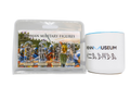 Four Roman military figures in plastic packaging next to Penn Museum mug, white with blue and black details. Mug has museum logo as well as hieroglyphs that spell "Penn Museum". White background. 