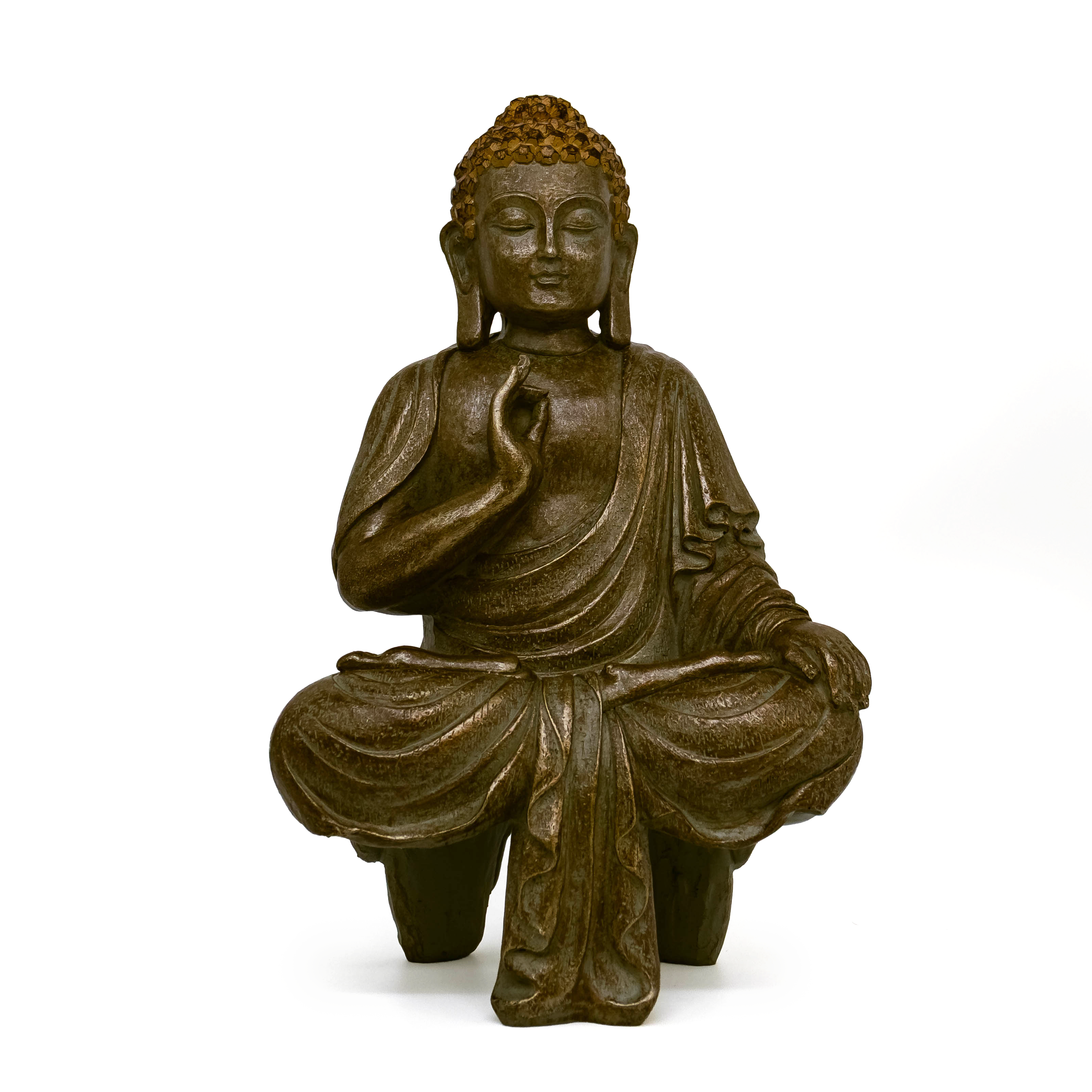 Siddhartha Gautama Buddha seated in cross leg position with right hand by chest, white background. 