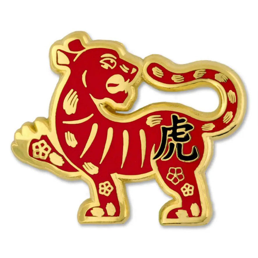 Red and gold Tiger Zodiac pin with Chinese characters on a white background