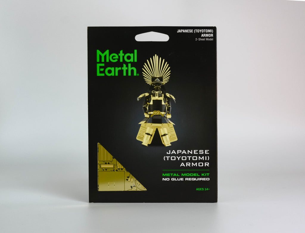 Black activity kit with green text "metal earth," gold and black Japanese Toyotomi Armor in center. On white background. 