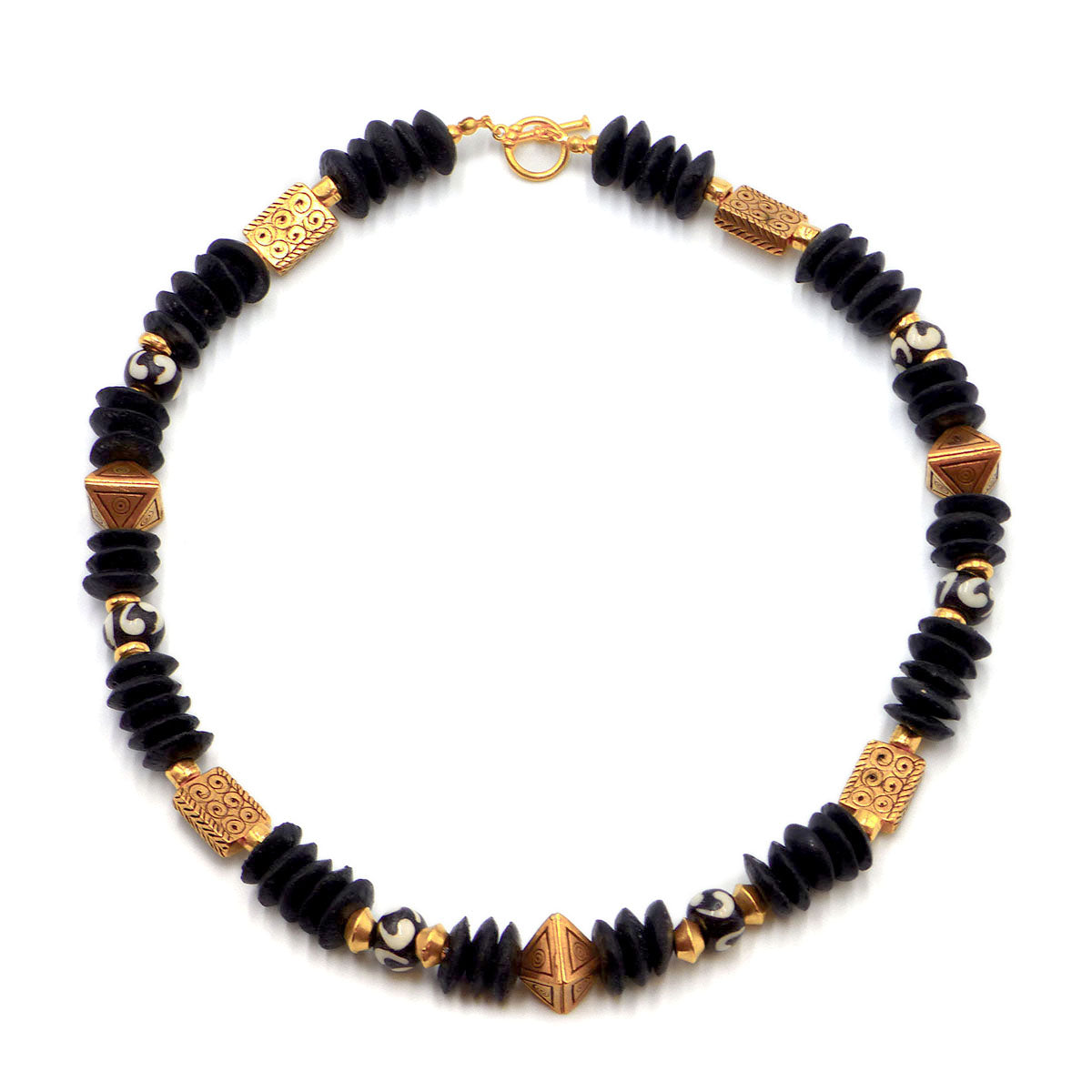 African design necklace with gold plated and ceramic beads on a white background.