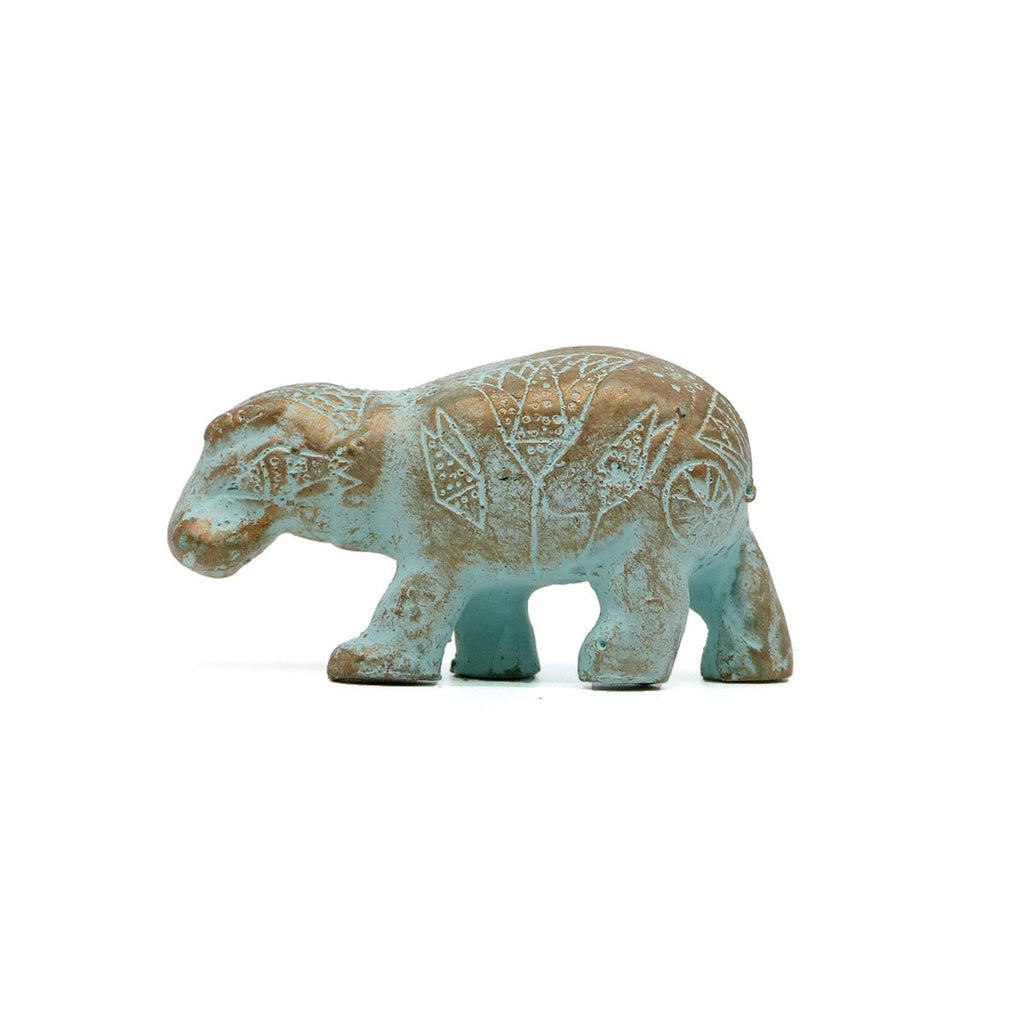Light turquoise and gold finish Egyptian Hippo. Side view.